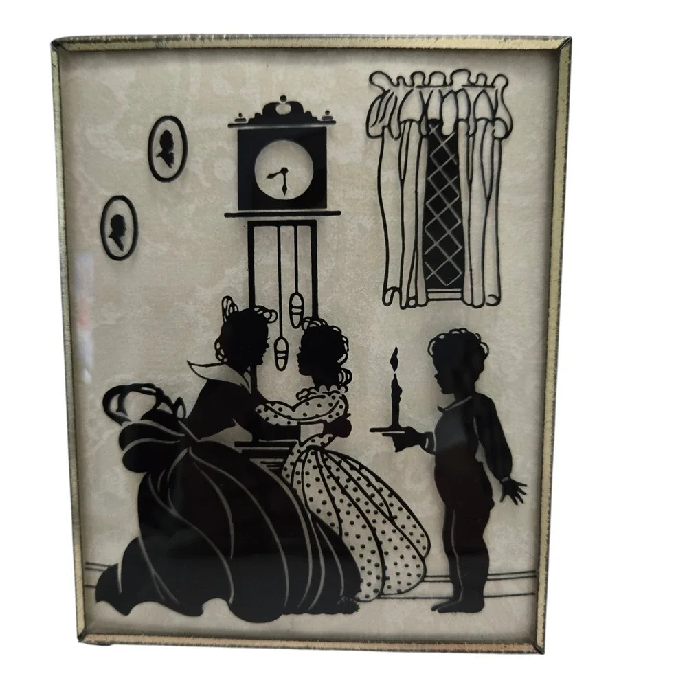 Vintage Reverse Painted Silhouette Glass Wall Plaque Victorian Family Scene